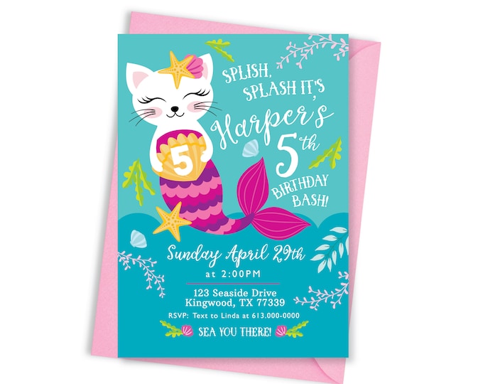 Mer-Cat Birthday Party Invitation, Kitten, Cat, Mermaid Invite, Pool Party, WE EDIT, You PRINT, Custom Text, Printable Digital File