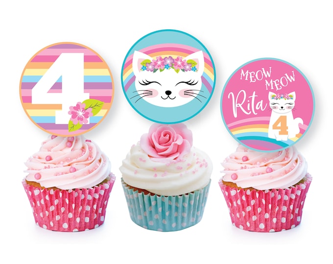 Cat Rainbow Cupcake Toppers, Kitty, Kitten Birthday Party, Kitten Cake Toppers, WE EDIT, You PRINT, digital file