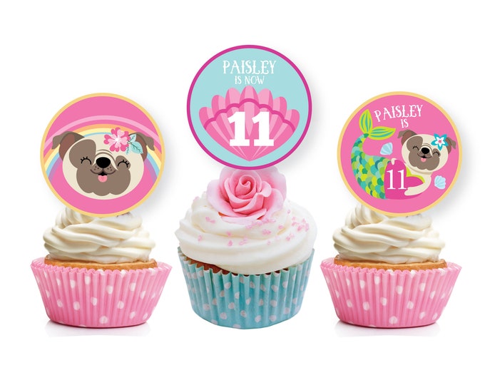 Mermaid Pug cupcake toppers Mer-Pug Birthday Party, Under the Sea, Dog, Pool Party Cake Toppers, WE EDIT, You PRINT, digital file