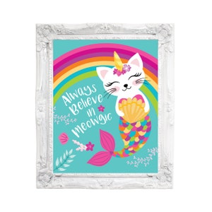 Caticorn Rainbow art print - Always Believe in Meowgic - rainbow caticorn wall decor, cat - mermaid-unicorn poster, digital, wall art