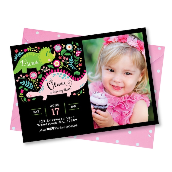 Pink Dinosaur Birthday Photo Invitation, Girl's Dino Party (Digital File)