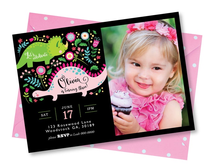 Girl's Dinosaur Invitation, Pink Dino Photo Invite, Cute Dinosaur Party, WE EDIT, You PRINT, Custom Text, Printable Digital File