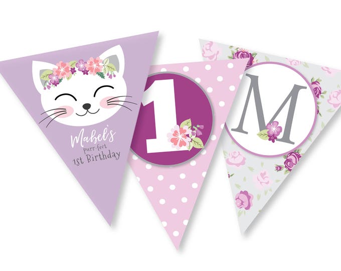 Kitten Birthday Bunting, Purple Cat Banner, Kitty Garland, Printable, Customized, DIY bunting, Kitty, Cat, Birthday Girl, Digital files only