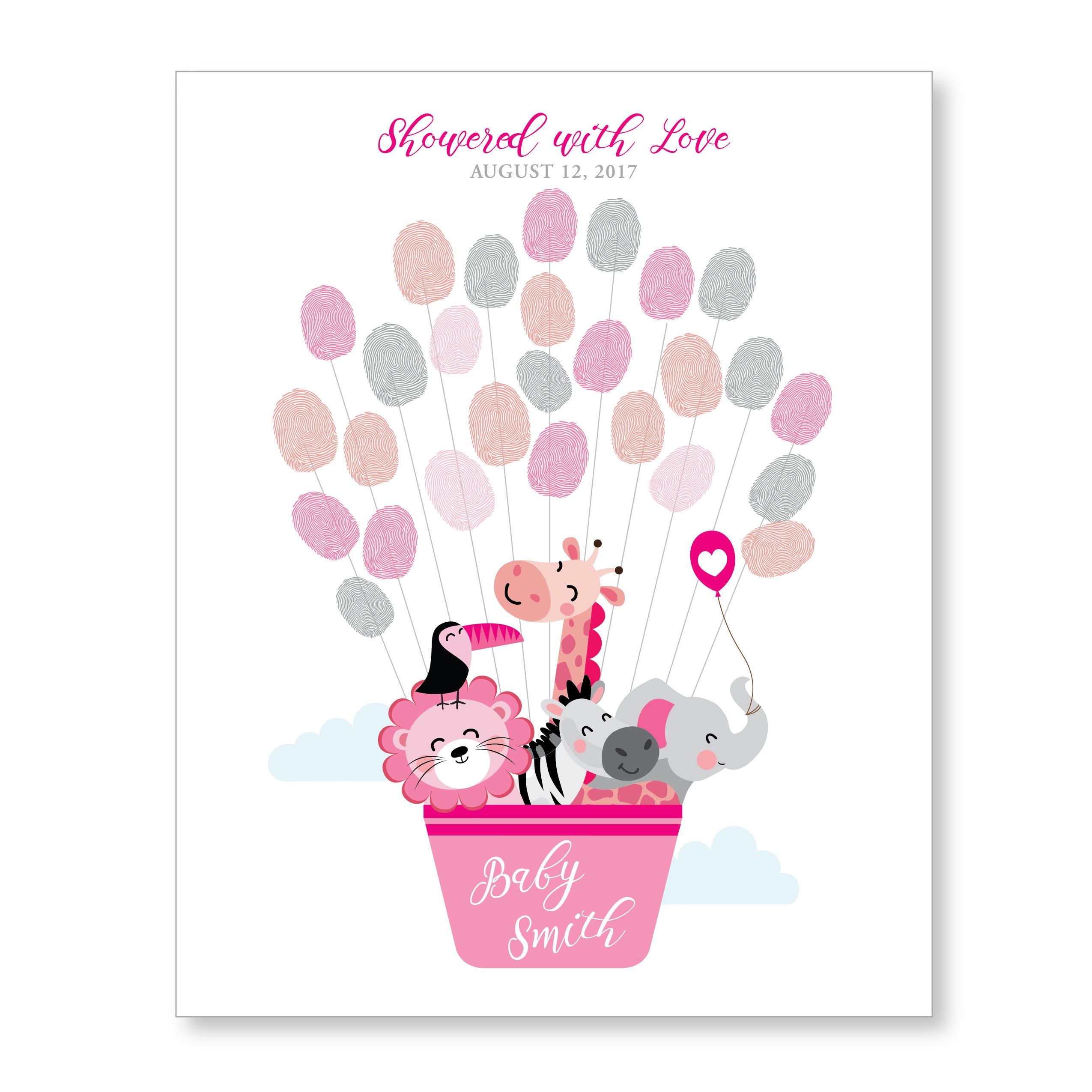 Thumbprint Guestbook Printable Sign, Pink Animals Hot Air Balloon Baby Thumbprint Guestbook Printable Sign, Pink Animals Hot Air Balloon Baby