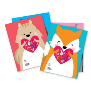 Cartes de Saint-Valentin des bois, carte de bricolage imprimable, Saint-Valentin de salle de classe pour enfants, téléchargement immédiat, renard, raton laveur, ours, écureuil