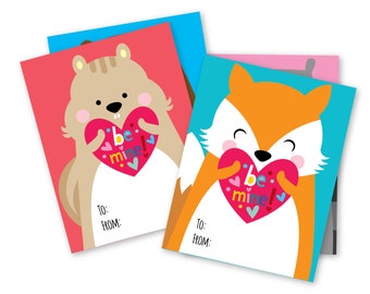 Woodland Valentines Day Cards,  printable DIY card, classroom Valentine for kids,  Instant Download, fox, raccoon, bear, squirrel