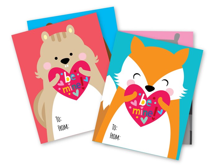 Woodland Valentines Day Cards,  printable DIY card, classroom Valentine for kids,  Instant Download, fox, raccoon, bear, squirrel