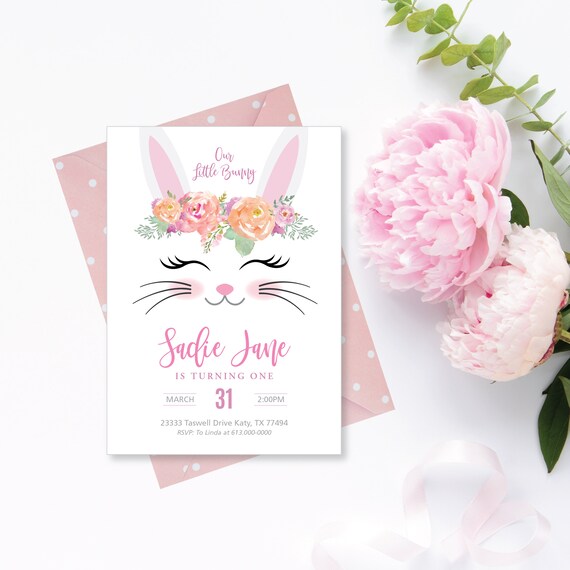 Bunny Birthday Invitation Rabbit Bunny Party Girl S Etsy