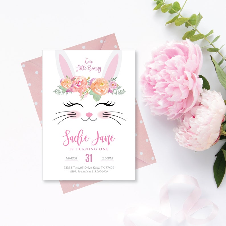 Bunny Birthday Invitation Rabbit Bunny Party Girl S Etsy