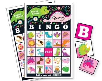 Dinosaur BINGO Game, Dinosaur Party Game, Girls's Printable Bingo Game - Bingo Game for Kids - Dinosaur, Bingo Game - Instant Download