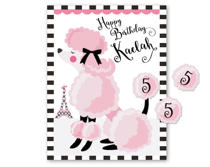 Pin the tail on the POODLE Party Game, Pink Poodle, Dog or Parisian theme birthday, DIY, Printable Digital Files