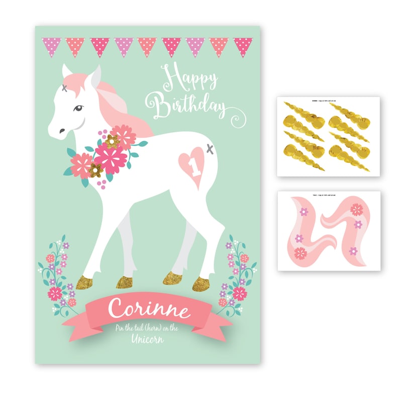 Op de afbeelding: Een printbaar spel voor een kinderfeestje. Het spel heet "Pin the tail (horn) on the unicorn". Het spel bevat een wit eenhoorn met een roze manen en staart, een roze hart met het nummer 1 erop en een roze lint met de naam "Corinne" erop. Het spel bevat ook een vel met gouden eenhoornhoorns en een vel met roze eenhoornstaarten.