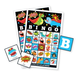 Jogo de BINGO de dinossauro de super-herói, 26 cartas de bingo diferentes, jogo de bingo para impressão, jogo de festa Dino, download instantâneo