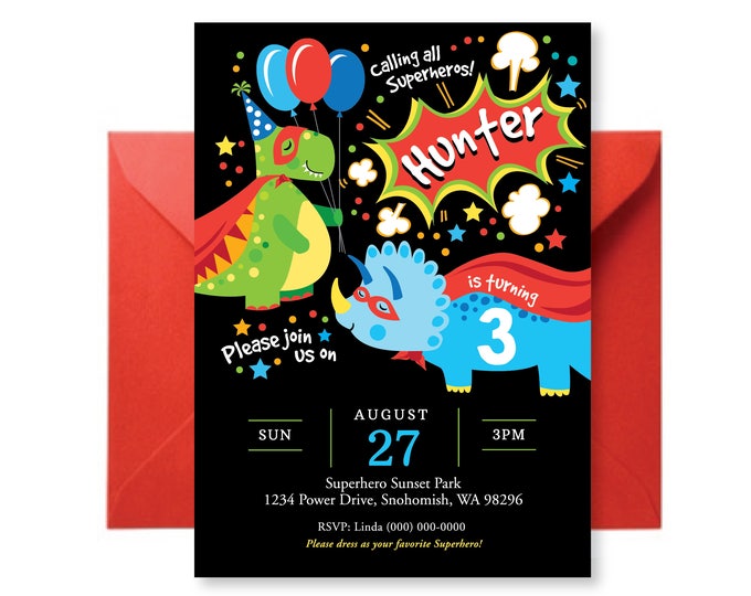 Superhero Dinosaur Invitation, Dino Invite, Superhero Party, Cute Dinosaur Invite, WE EDIT, You PRINT, Custom Text, Printable Digital File