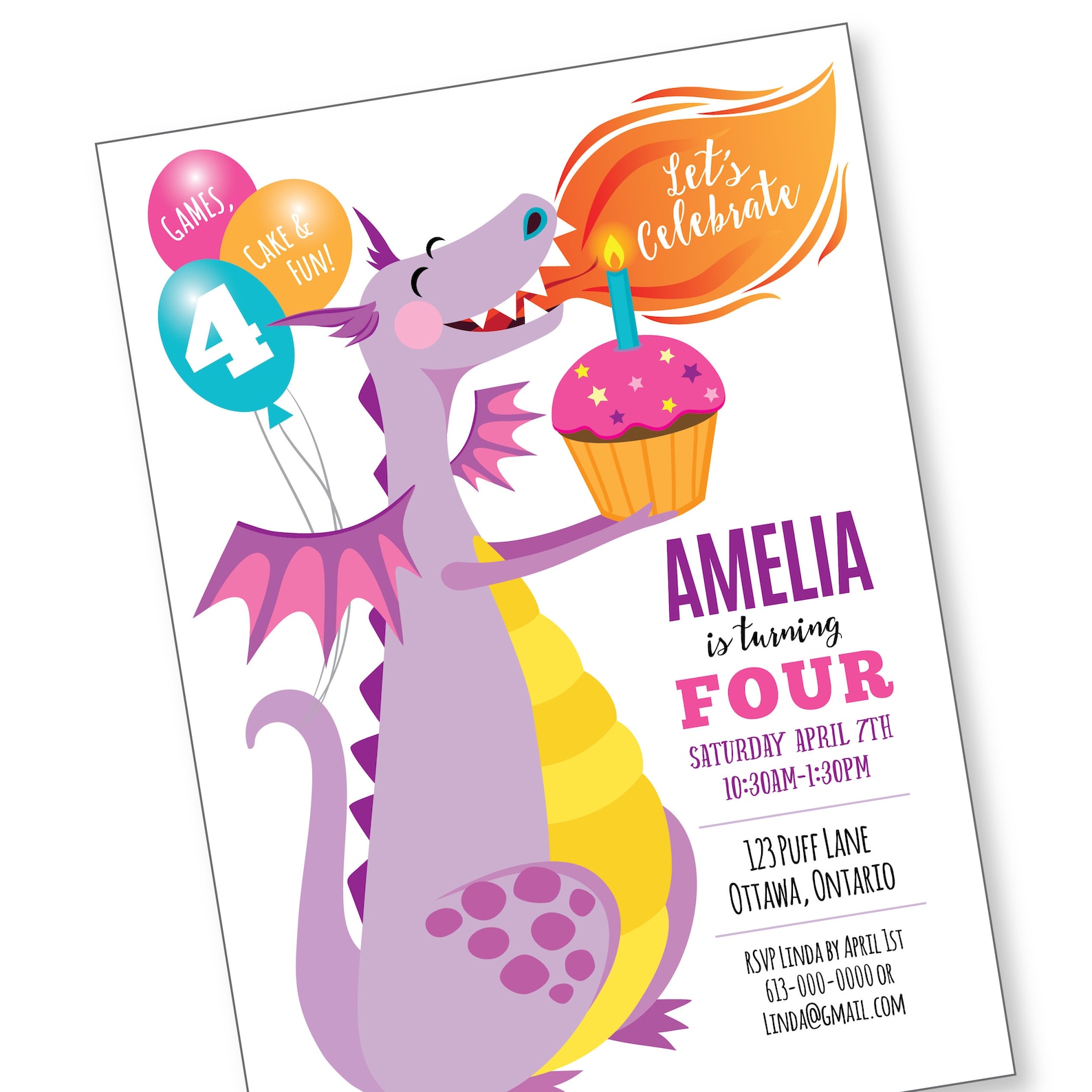 Purple Dragon Birthday Invitation Cute Dragon Invitation - Etsy