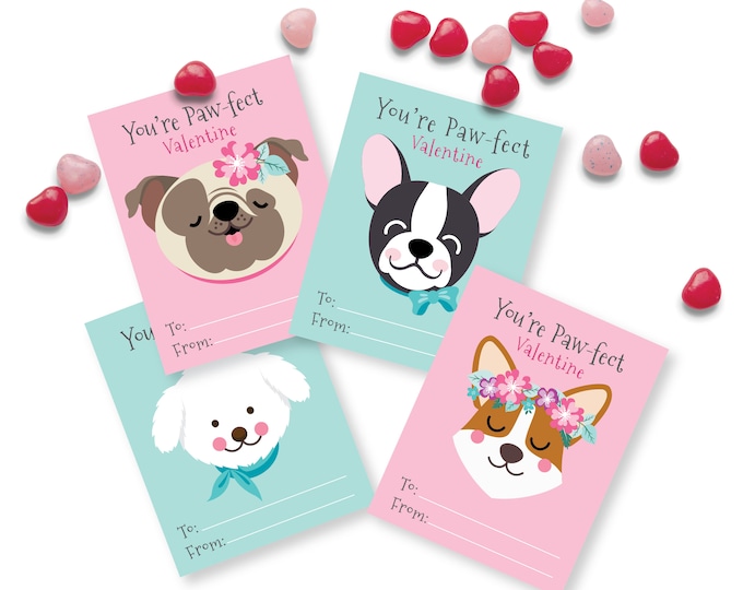 Dog Valentines Day Cards, printable DIY card, classroom Valentine for kids, Instant Download, Pug, Corgi, Poodle, Boston terrier