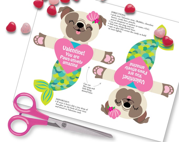 Mer-Pug Valentine Treat Hug Tag, Printable DIY INSTANT Download file, Classroom Valentine, Valentine's Day Gift, Candy Holder Tag