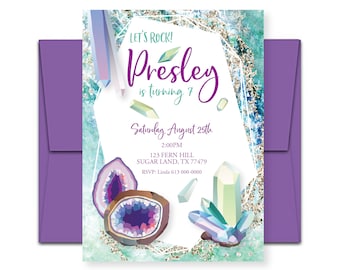 Geode Geology Crystal Birthday Invitation,  Rock Theme Let&#39;s Rock Party Invite, WE EDIT, You PRINT, Custom Text, Printable Digital File