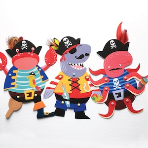 3 Articulated Paper Pirate Cutouts, Instant DIY Download - Pirate Crafts, Colouring Pirate Crafts, Pirate Party