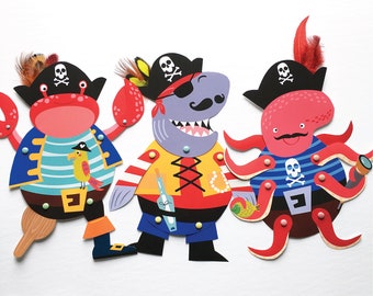 3 Articulated Paper Pirate Cutouts, Instant DIY Download - Pirate Crafts, Colouring Pirate Crafts, Pirate Party