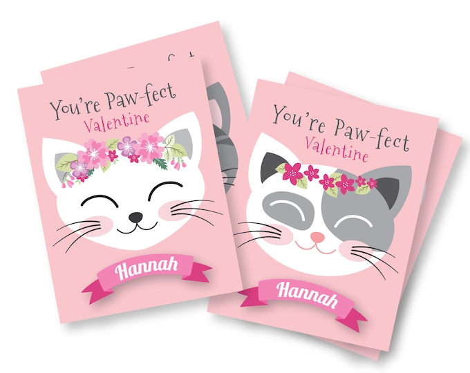 Cat Valentines Day Cards, printable DIY card, classroom Valentine for kids, Custom Name, Kitty  Valentine Cards
