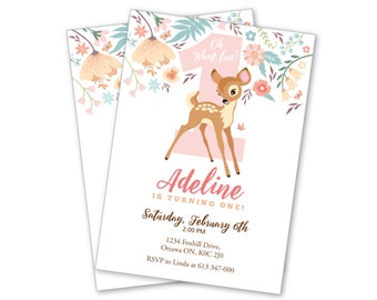 Baby Deer First Birthday Party Invitation, Printable, Customized, DIY invitation, Girl's First Party, Woodland One-derland party