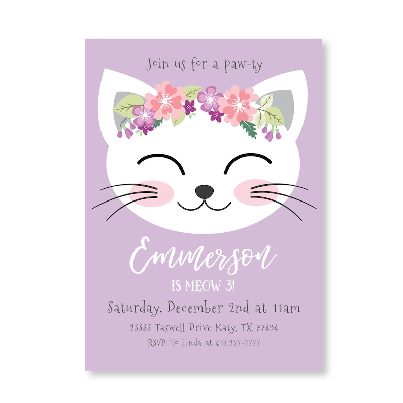 Cat Birthday Party Invitation, Kitten Invite, Girl 3rd Birthday, Kitty Party, WE EDIT, You PRINT, Custom Text, Printable Digital File image 3