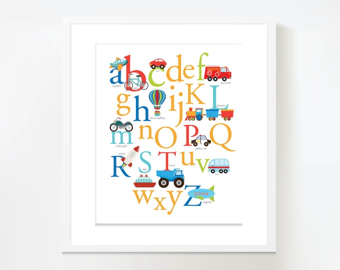 Vehicles ABC theme Wall Art - Instant Download, DIY Wall Art, car, airplane, truck and more