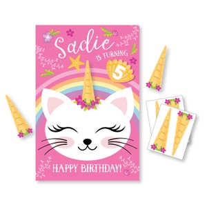 Épinglez la corne sur la caticorne, jeu de société bricolage pour filles, jeu d&#39;anniversaire de chat, jeu de société licorne chat, imprimable, fichiers numériques