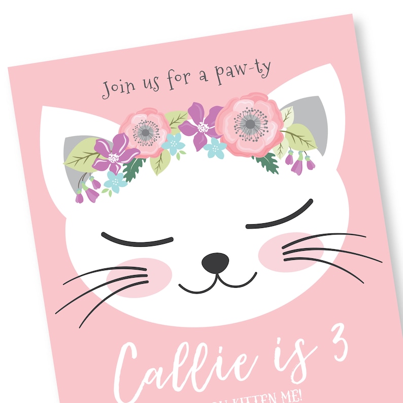 Cat Birthday Invitation, Pink Kitten Party, Are you kitten me, WE EDIT, You PRINT, Custom Text, Printable Digital File image 3