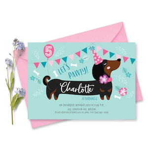 Invitation à une fête d’anniversaire de teckel, chien, fête de chiot, invitation de teckel mignon, NOUS MODIFIONS, vous IMPRIMER, texte personnalisé, fichier numérique imprimable