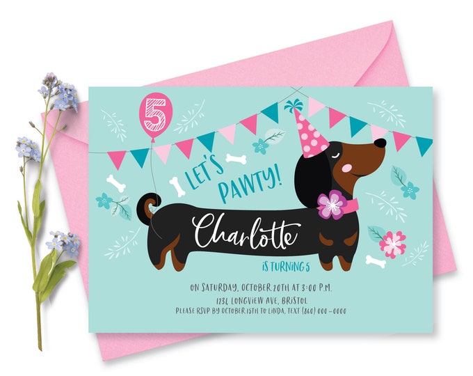 Dachshund Birthday Party Invitation, Dog, Puppy Party, Cute Dachshund Invite, WE EDIT, You PRINT, Custom Text, Printable Digital File