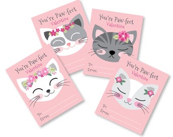 Cartes de chat de Saint-Valentin, carte imprimable de bricolage, Saint-Valentin de salle de classe pour des enfants, cartes de chat de Saint-Valentin de téléchargement immédiat
