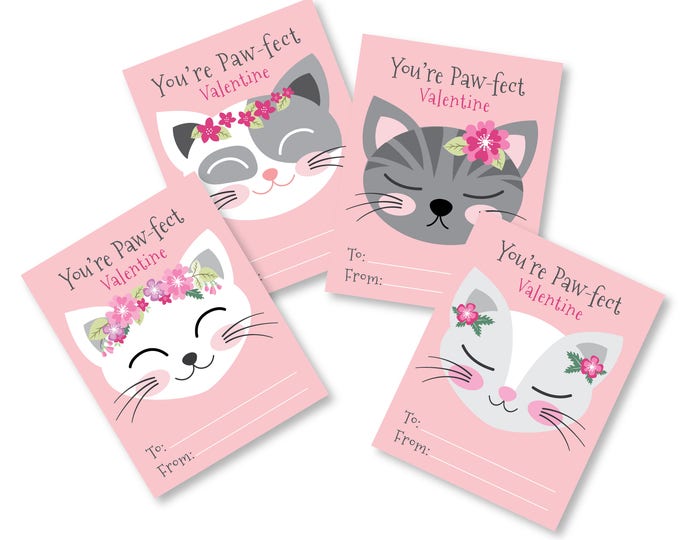 Cat Valentines Day Cards, printable DIY card, classroom Valentine for kids, Instant Download Valentine Cat Cards