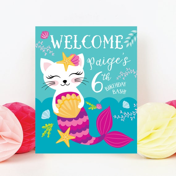 Cat Mermaid Welcome Sign Customized Printable Diy Girl S Etsy 日本