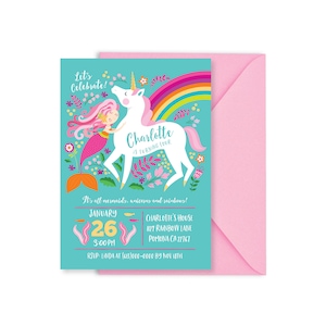 Mermaid Unicorn Invitation, Girl&#39;s Unicorn, Mermaid, Unicorn, and Rainbow Party, WE EDIT, You PRINT, Custom Text, Printable Digital File