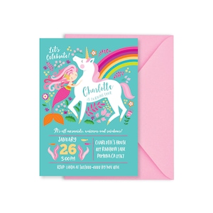 Mermaid Unicorn Invitation, Girl's Unicorn, Mermaid, Unicorn, and Rainbow Party, WE EDIT, You PRINT, Custom Text, Printable Digital File