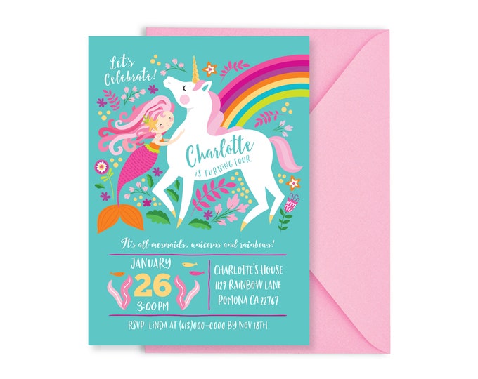 Mermaid Unicorn Invitation, Girl's Unicorn, Mermaid, Unicorn, and Rainbow Party, WE EDIT, You PRINT, Custom Text, Printable Digital File