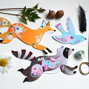 4 gegliederte Papiertiere zum Selbermachen - 4 Waldtiere Fuchs, Bär, Waschbär & Kaninchen - Papierpuppen