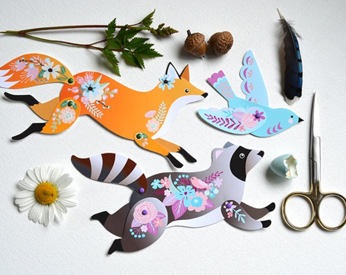 Articulated Paper Animals - Instant DIY Download - 4 Woodland Animals fox, bear, raccoon & rabbit - paper dolls