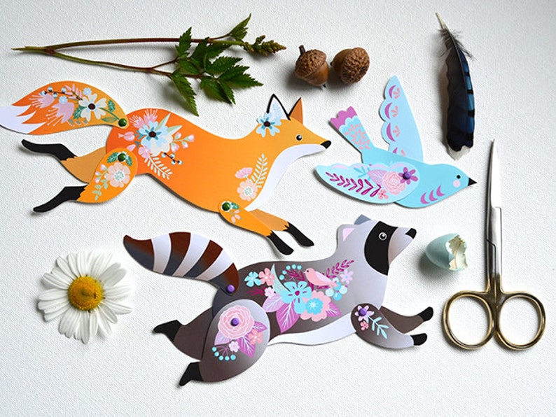 Articulated Paper Animals Instant DIY Download 4 Woodland Animals fox, bear, raccoon & rabbit paper dolls image 1