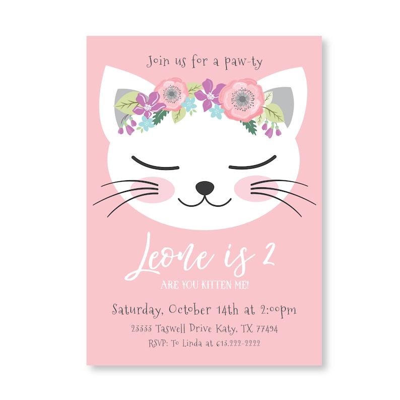 Cat Birthday Invitation, Pink Kitten Party, Are you kitten me, WE EDIT, You PRINT, Custom Text, Printable Digital File image 5