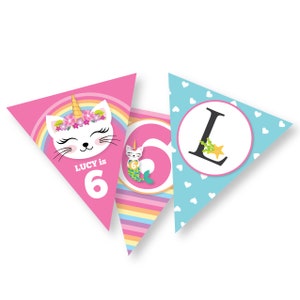 Caticorn Birthday Bunting, Pink Rainbow Cat Mermaid Banner, Garland, Imprimable, DIY Digital Files, Chat, Sirène, Licorne Anniversaire Fille