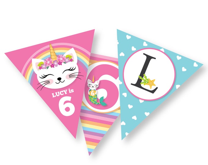 Caticorn Birthday Bunting, Pink Rainbow Cat Mermaid Banner, Garland, Printable, DIY Digital Files, Cat, Mermaid, Unicorn Birthday Girl