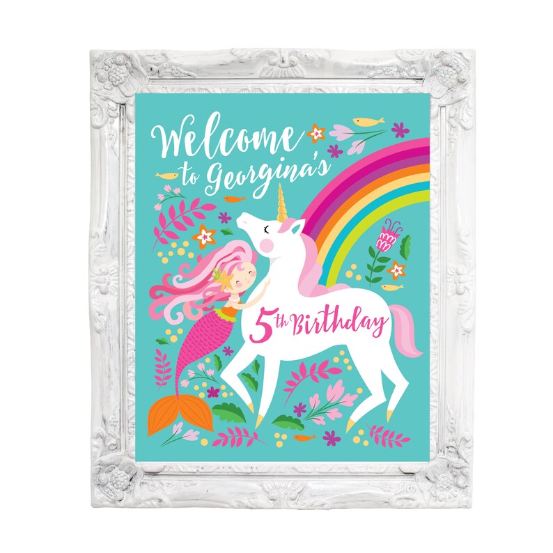Mermaid Unicorn Welcome Sign, Under the Sea, Girl's Birthday Party Sign, Poster, Printable Digital Files image 3