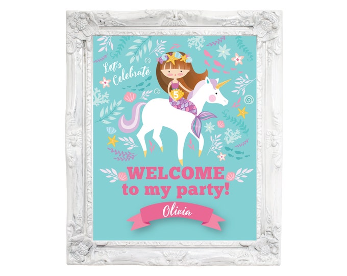 Mermaid Unicorn Welcome Sign, Under the Sea, Girl's Birthday Party Sign, Printable, Digital File