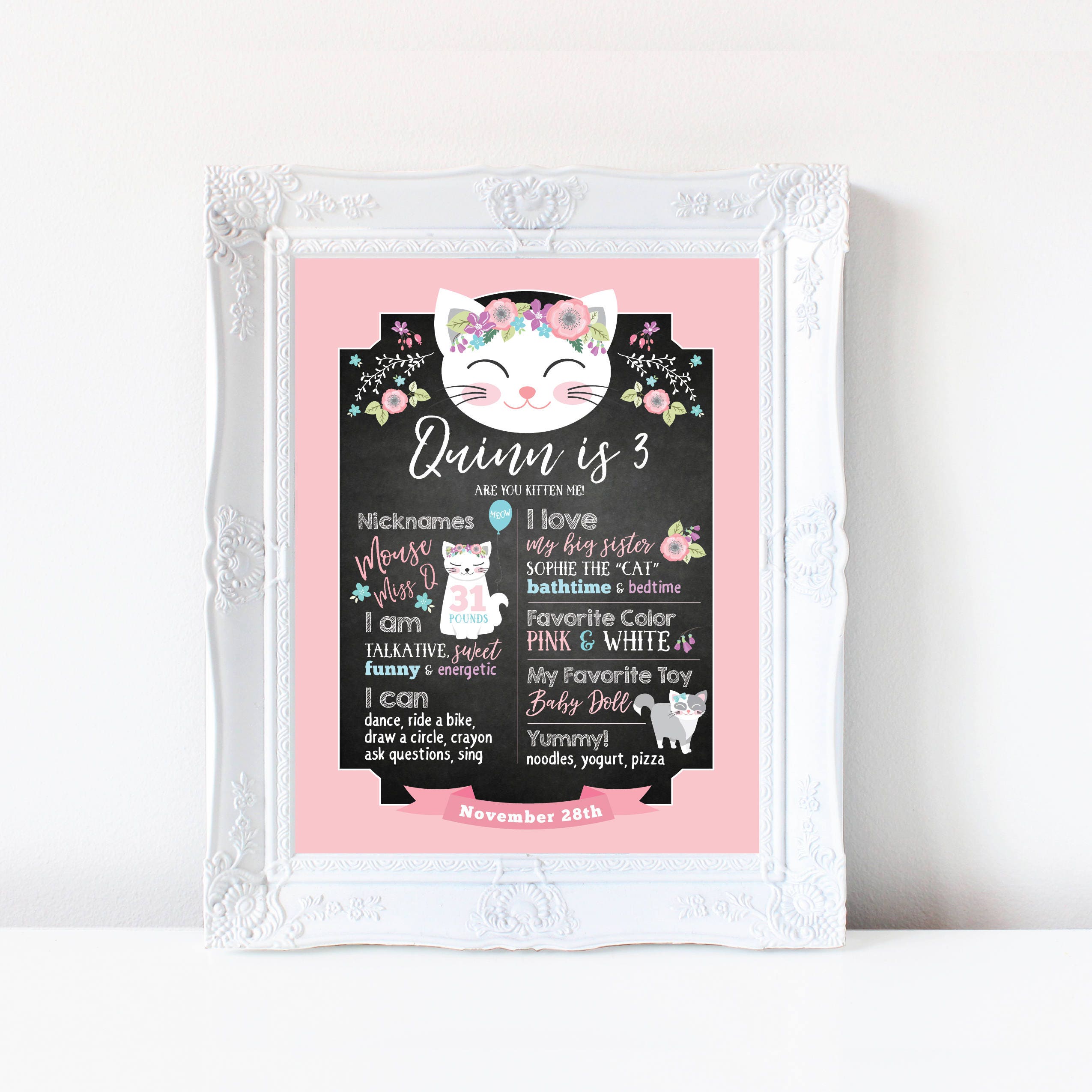 Cat Milestone Wall Art, 1ST BIRTHDAY Print - Personalized Birthday Wall Art - Girls Pink Cat Party, Kitty, Kitten, Printable Chalkboard Sign Cat Milestone Wall Art, 1ST BIRTHDAY Print - Personalized Birthday Wall Art - Girls Pink Cat Party, Kitty, Kitten, Printable Chalkboard Sign