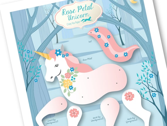 Articulated Paper Unicorn Puppet: Rose Petal DIY Craft (Instant Download)