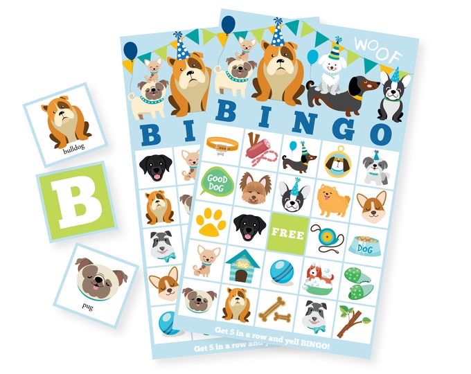 Dog BINGO Game - Pug - Puppy - Dog Party Game, Boy's Printable Bingo Game - Bingo Game for Kids - Puppy Bingo Game - Instant Download