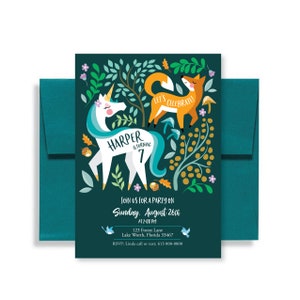 Invito festa di compleanno unicorno e volpe, invito foresta incantata, volpe, fauna forestale, EDITIAMO, STAMPA, testo personalizzato, file digitale stampabile